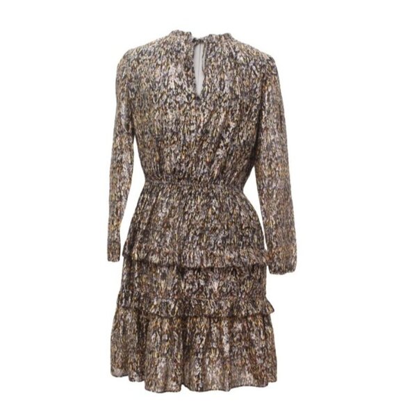 ba&sh Paris Mini Dress Sze2 Medium Printed Long Sleeve Ruffle Tiered V Neck Kaki - Picture 3 of 16